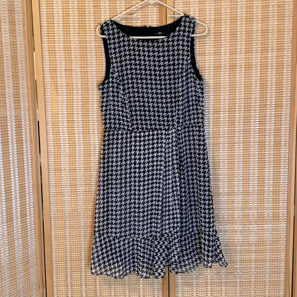 JBS Womens Black White Houndstooth Sleeveless Ruffle Hem Fit Flare Dress Size 10